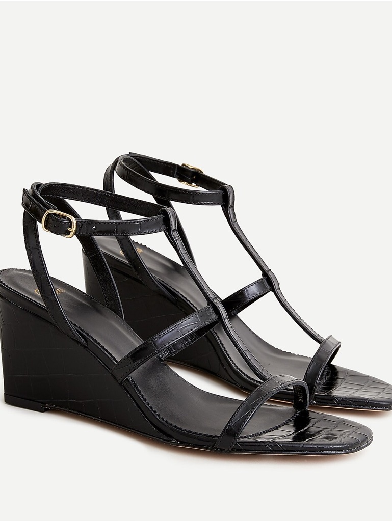 J Crew T-Strap Wedges In Croc-Embossed Leather